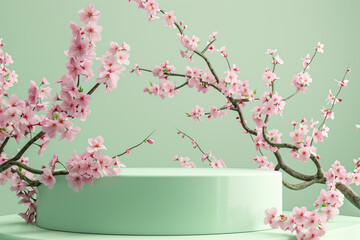 Light green  cylindric podium for product placement, green background with sakura flowers