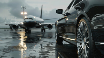 Luxury car parked on a rain-soaked tarmac with airplanes in the background.
