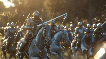 Obraz premium An army of knights on horseback charging through a misty forest at dawn.