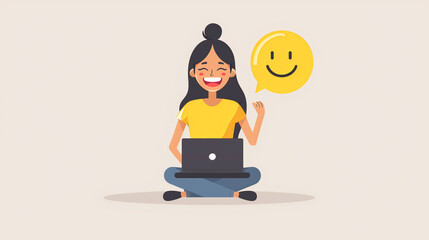 Cheerful young woman using laptop with a smiling emoticon in a speech bubble, concept of online communication and happiness.