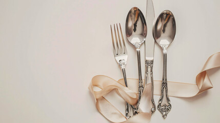 Elegant cutlery with ribbon on light background
