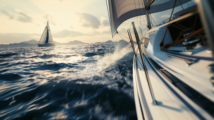 Dynamic sailboat racing, cutting through ocean waves at sunset, a thrilling nautical journey.