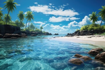 Tuvalu landscape. Serene Tropical Beach Paradise with Crystal-Clear Waters and Lush Palm Trees.