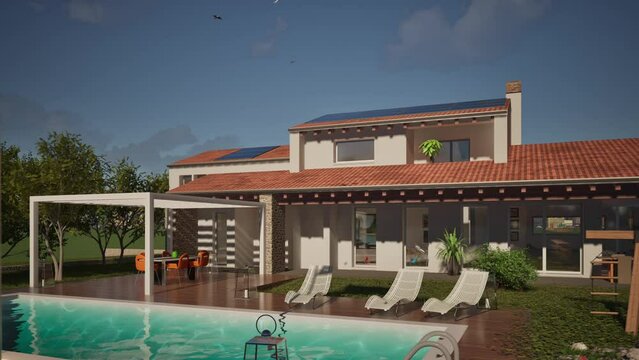 Modellazione 3D e video di edificio residenziale con piscina e bandiera al vento Lithuania