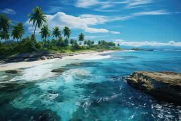 Tuvalu landscape. Scenic Tropical Beach View with Turquoise Water and Lush Palms.
