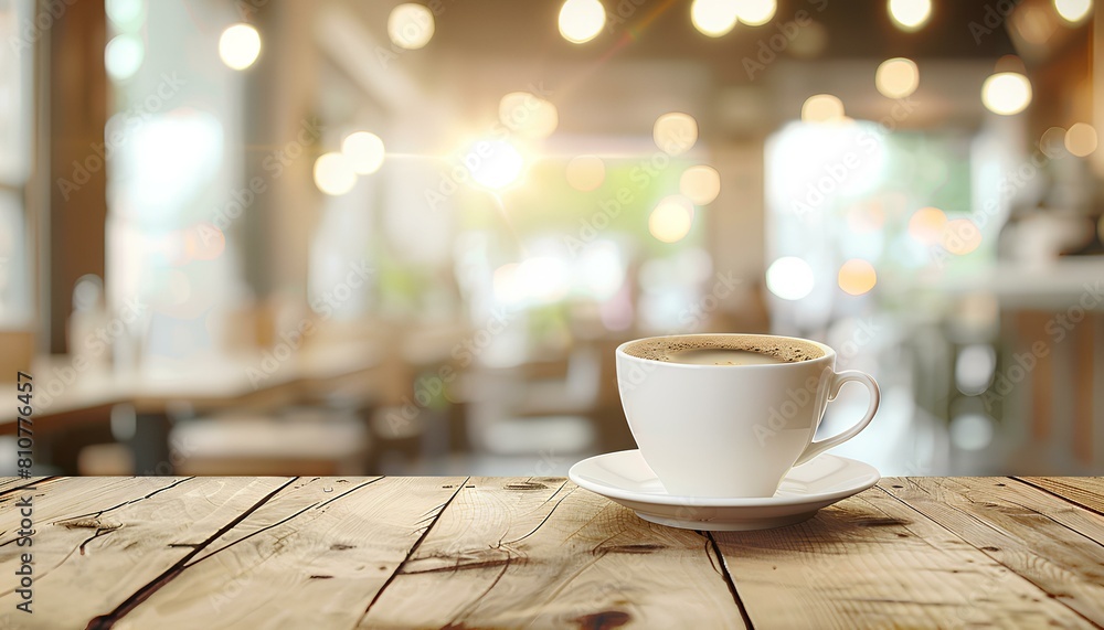 Wall mural hot coffee in cup on wooden table on cafe background