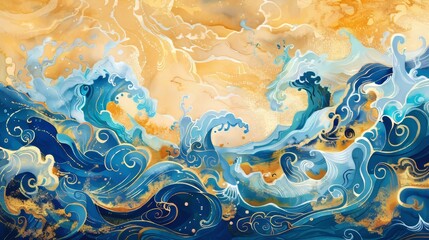 Vibrant watercolor scene of ocean waves swirling and cresting with magical gold and blue colors, their shapes filled with playful patterns
