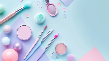 Two makeup brushes are on a green background with pink and blue colors - obrazy, fototapety, plakaty