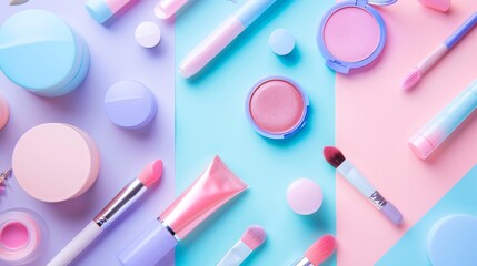 A colorful array of makeup products, including a brush, a tube, and a bottle - obrazy, fototapety, plakaty