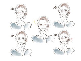 肌トラブルに悩むミドル女性のイラストセット