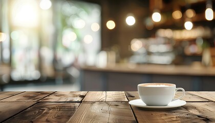 hot coffee in cup on wooden table on cafe background - obrazy, fototapety, plakaty