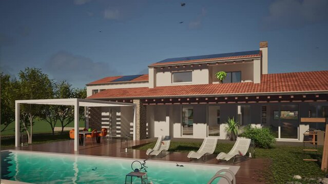 Modellazione 3D e video di edificio residenziale con piscina e bandiera al vento Kuwait