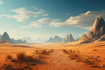 Naklejka premium United Arab Emirates landscape. Vast Desert Landscape with Rocky Mountain Peaks and Scattered Vegetation.