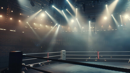 Empty boxing ring under spotlight evoking anticipation for the upcoming match.