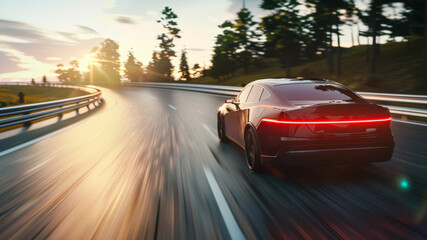 A sleek car speeds along a highway at sunset, blurring the scenery.
