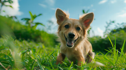 Playful dog in grass during golden hour, exuding joy and happiness.