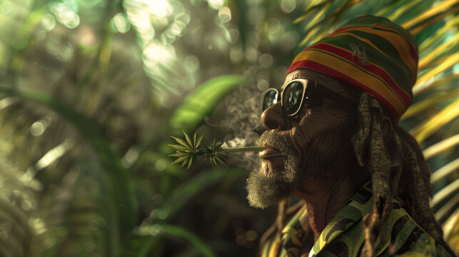 Intricate image of a character indulging in Rastafarian culture surrounded by lush greenery.