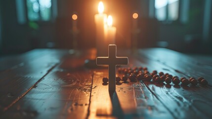 In the backdrop of a wooden table religion intertwines with the cherished beliefs of Christianity embodying the essence of Catholic concepts