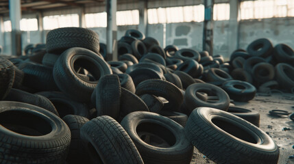 Obraz premium Accumulation of old tires creating a moody, industrial atmosphere in an abandoned warehouse.