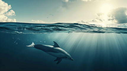 Graceful dolphin glides through ocean depths as sunlight dances on water.