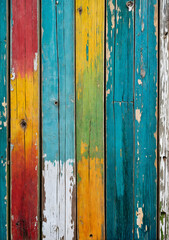 Rustic old wooden planks background texture with colorful weathered paint.