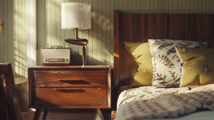 Close-up of a bedside table with a vintage touch in a sunlit bedroom.