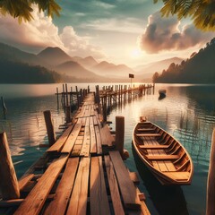 Obraz premium Beautiful lake landscape with row boat and old wooden lake bridge with beautiful sky and cloud background.