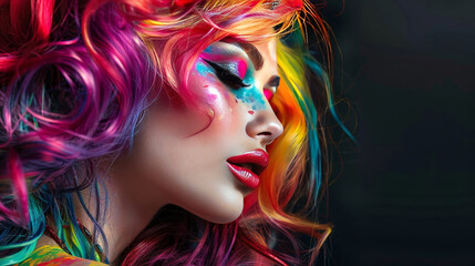 Stunning woman with vibrant hair, artistic makeup, and an intricate hairstyle.
