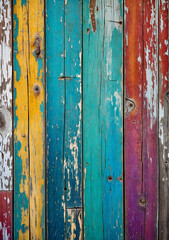 Rustic old wooden planks background texture with colorful weathered paint.