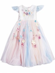 A pretty pastel children's long tulle dress with flower Embroidery decoration, front view, on a white background