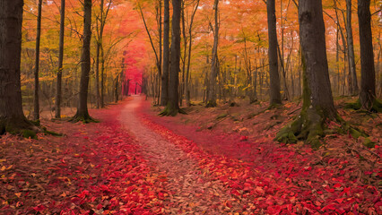path that is surrounded by trees with red leaves