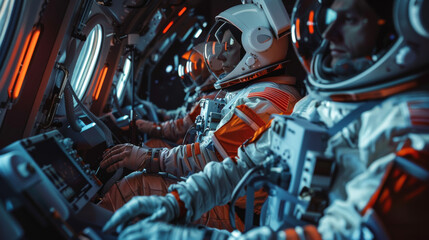 Astronauts in a space capsule, poised and ready for an adventurous journey beyond Earth. - obrazy, fototapety, plakaty