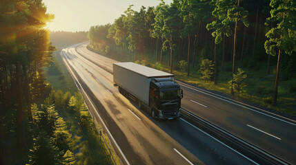 A lone truck on an early morning haul blazes down a serene highway lined with forest.