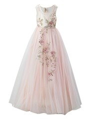 A pretty pastel pink long tulle dress with Embroidery decoration, bridesmaid or wedding dress. Front view, isolated on a white background