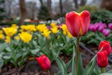 Fototapeta premium Vibrant tulips blooming in a garden