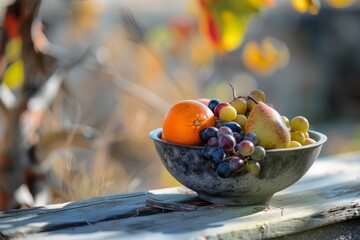 Colorful autumn fruit bowl on rustic wooden table