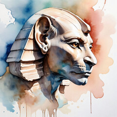 Watercolor drawing of an Egyptian sphinx on a white background in pastel colors