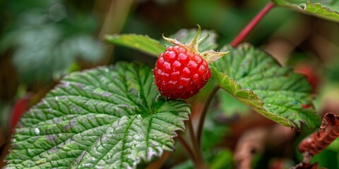 Ripe red raspberry growing on plant with green leaves