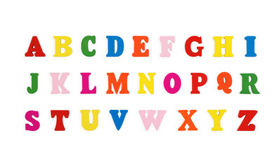 wooden letters of the English alphabet multi-colored on a isolated background close-up