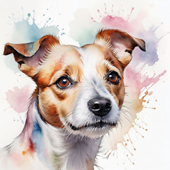 Jack Russell paints with watercolors on a white background.