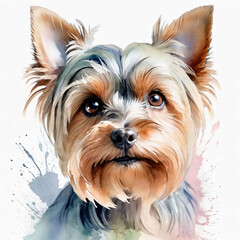 Yorkshire Terrier paints with watercolors on a white background.