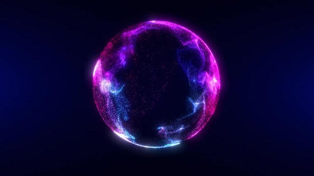 Abstract round sphere of shiny pink and blue particles of magical glow on a dark background, energy ball of bright dots, movement of a spherical ball. Seamless looping 4k video