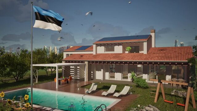 Modellazione 3D e video di edificio residenziale con piscina e bandiera al vento Estonia