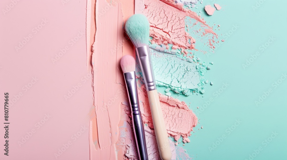 Canvas Prints two makeup brushes are on a green background with pink and blue colors