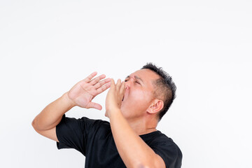 Middle aged Asian man hollering like Tarzan, isolated on white background