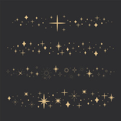 Golden celestial star border, sparkle divider, festive shiny space elements, festive lights on dark background. Holiday decoration