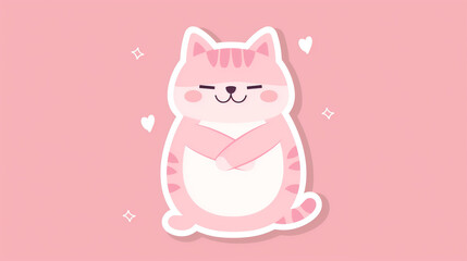 A pink cat sticker designed in a simple Q version cute style, featuring pink arms crossed and a cute expression. The sticker is in the style of a white background with a pink cartoon flat solid color 