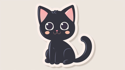 Obraz premium A black cat sticker designed in a simple Q version cute style, featuring pink arms crossed and a cute expression.The sticker is in the style of a white background with a black cartoon flat solid color