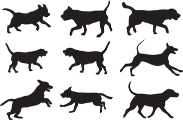 Dog icons for different Breeds.Hunting hound dog silhouettes on white background. Foxhound and dogs in multiple poses and positions for designing online games, poster or flyer for media and web. 