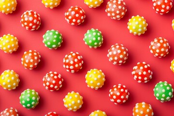 Colorful polka dot candies on red background
